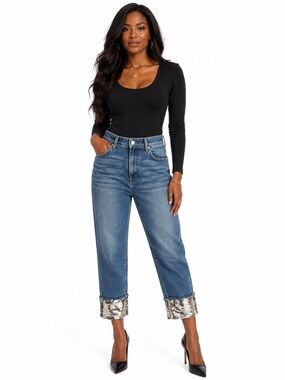 7 for All Mankind Sequin Cuff High-Rise Jeans - 33